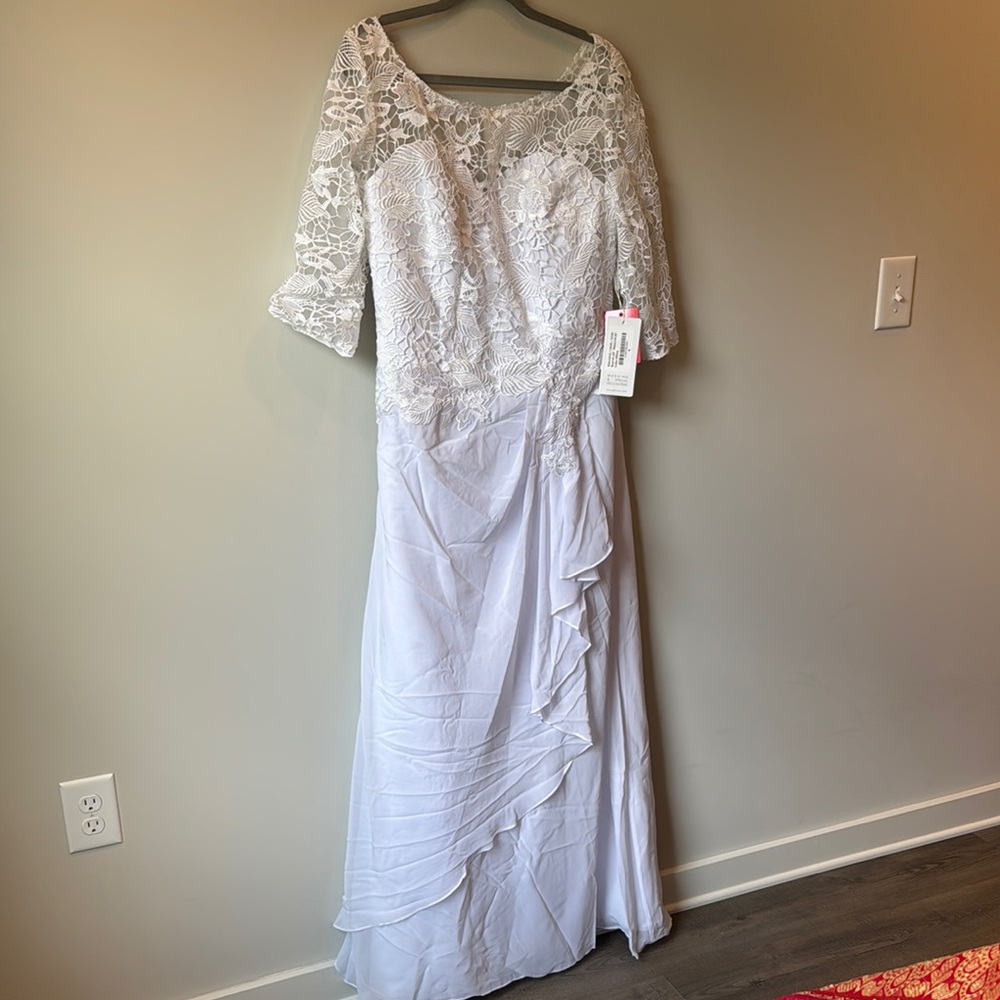 JJs House White Lace Bodice Chiffon Wedding Gown